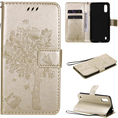 For Samsung Galaxy M01 Tree & Cat Pattern Pressed Printing Horizontal Flip PU Leather Case with Holder & Card Slots & Wallet & Lanyard(Gold)