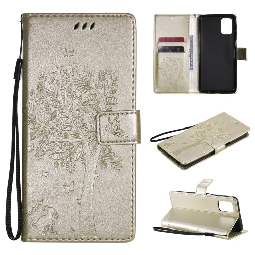 For Samsung Galaxy M31s Tree & Cat Pattern Pressed Printing Horizontal Flip PU Leather Case with Holder & Card Slots & Wallet & Lanyard(Gold)