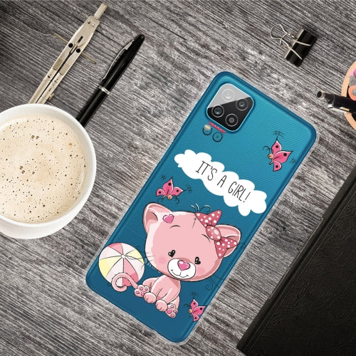 For Samsung Galaxy A12 Shockproof Painted Transparent TPU Protective Case(Cute Cat)