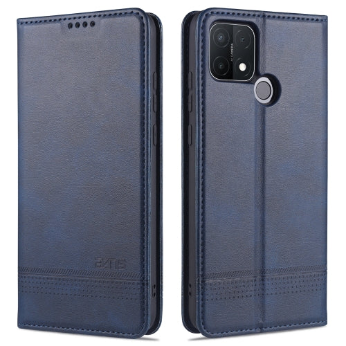 For OPPO A15 AZNS Magnetic Calf Texture Horizontal Flip Leather Case with Card Slots & Holder & Wallet(Dark Blue)
