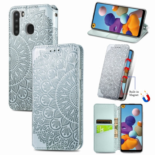 For Samsung Galaxy A21 Blooming Mandala Embossed Pattern Magnetic Horizontal Flip Leather Case with Holder & Card Slots & Wallet(Grey)