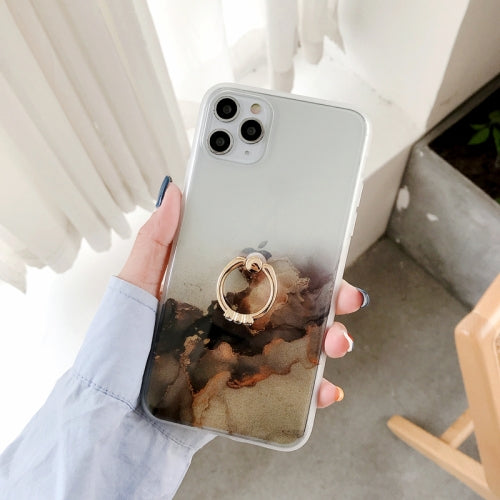 Double-sided Film IMD Shockproof TPU Protective Case with Ring Holder For iPhone 11(Gold)