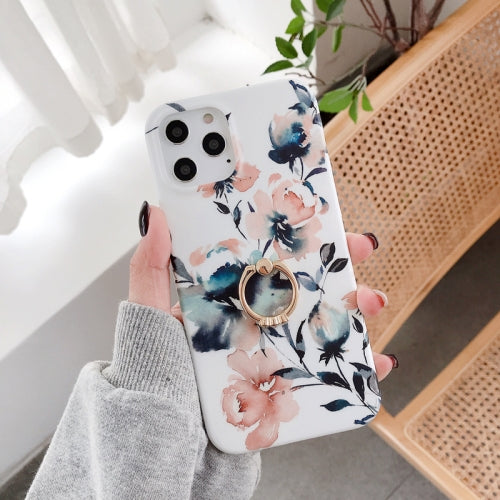 Double-sided Film IMD Flowers Pattern Shockproof TPU Protective Case with Ring Holder For iPhone 11 Pro Max(Pink Begonia)