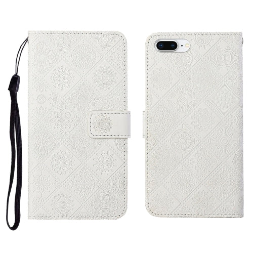 Ethnic Style Embossed Pattern Horizontal Flip Leather Case with Holder & Card Slots & Wallet & Lanyard For iPhone 8 Plus / 7 Plus(White)