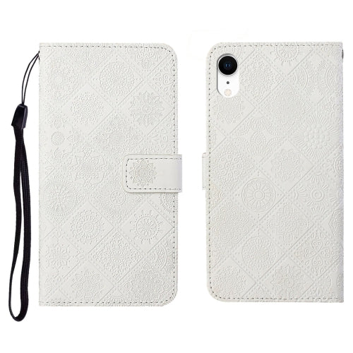 Ethnic Style Embossed Pattern Horizontal Flip Leather Case with Holder & Card Slots & Wallet & Lanyard For iPhone XR(White)