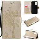 For OPPO Realme 7 Pro Tree & Cat Pattern Pressed Printing Horizontal Flip PU Leather Case with Holder & Card Slots & Wallet & Lanyard(Gold)