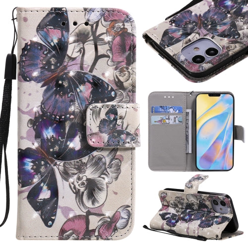 3D Painting Horizontal Flip Leather Case with Holder & Card Slot & Lanyard For iPhone 12 mini(Black Butterflies)