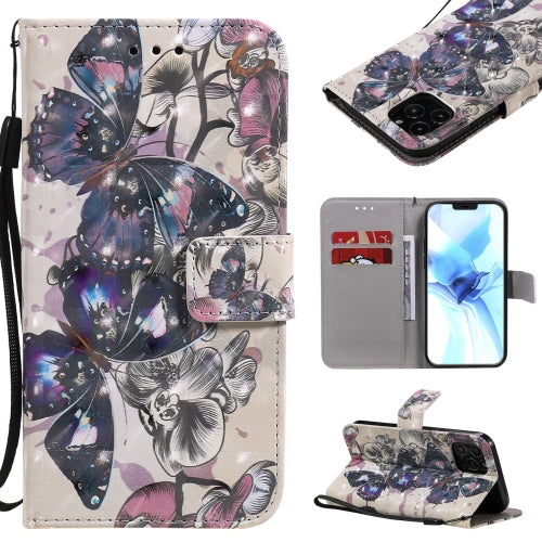 3D Painting Horizontal Flip Leather Case with Holder & Card Slot & Lanyard For iPhone 12 / 12 Pro(Black Butterflies)