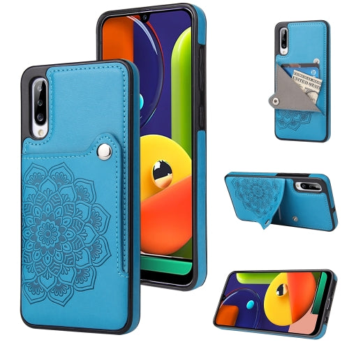 For Samsung Galaxy A50 Embossed Pattern PU + TPU Protective Case with Holder & Wallet & Card Slots(Blue)