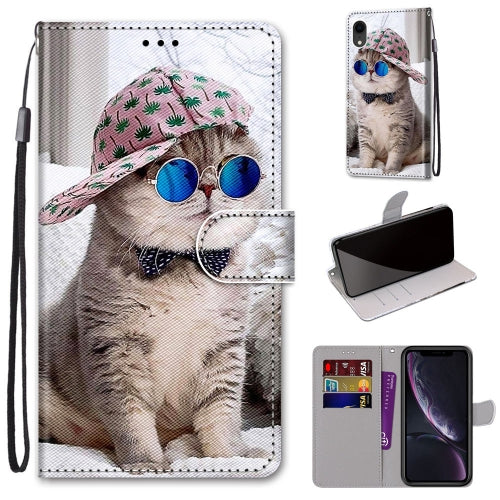 Coloured Drawing Cross Texture Horizontal Flip PU Leather Case with Holder & Card Slots & Wallet & Lanyard For iPhone XR(Slant Hat Blue Mirror Cat)