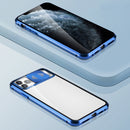 Sliding Lens Cover Mirror Design Four-corner Shockproof Magnetic Metal Frame Double-sided Tempered Glass Case For iPhone 11 Pro Max(Blue)