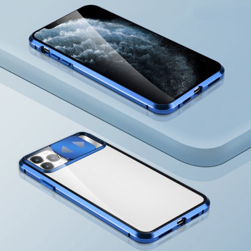 Sliding Lens Cover Mirror Design Four-corner Shockproof Magnetic Metal Frame Double-sided Tempered Glass Case For iPhone 11 Pro Max(Blue)