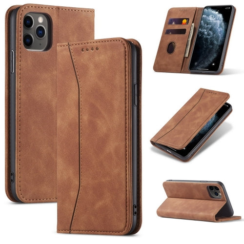 Skin-feel Calfskin Texture Magnetic Dual-Fold Horizontal Flip Leather Case with Holder & Card Slots & Wallet For iPhone 11 Pro Max(Brown)