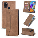 For Samsung Galaxy A21s Skin-feel Calfskin Texture Magnetic Dual-Fold Horizontal Flip Leather Case with Holder & Card Slots & Wallet(Brown)