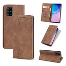 For Samsung Galaxy A71 4G Skin-feel Calfskin Texture Magnetic Dual-Fold Horizontal Flip Leather Case with Holder & Card Slots & Wallet(Brown)