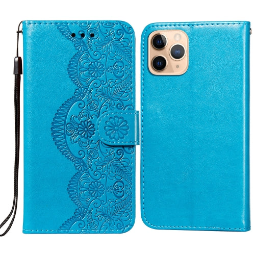 Flower Vine Embossing Pattern Horizontal Flip Leather Case with Card Slot & Holder & Wallet & Lanyard For iPhone 11 Pro(Blue)