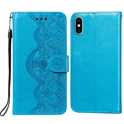 Flower Vine Embossing Pattern Horizontal Flip Leather Case with Card Slot & Holder & Wallet & Lanyard For iPhone X/ XS(Blue)