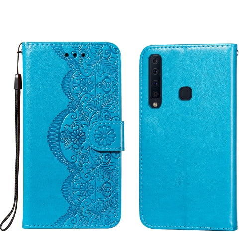 For Samsung Galaxy A9 (2018) Flower Vine Embossing Pattern Horizontal Flip Leather Case with Card Slot & Holder & Wallet & Lanyard(Blue)