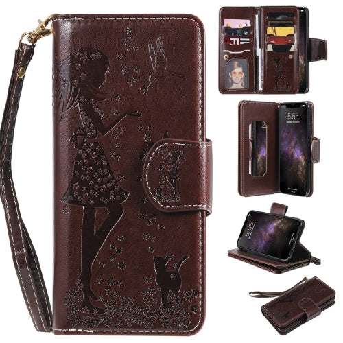 For iPhone 11 Pro Max Woman and Cat Embossed Horizontal Flip Leather Case, with Wallet & Holder & Card Slots & Photo Frame & Mirror & Lanyard(Brown)