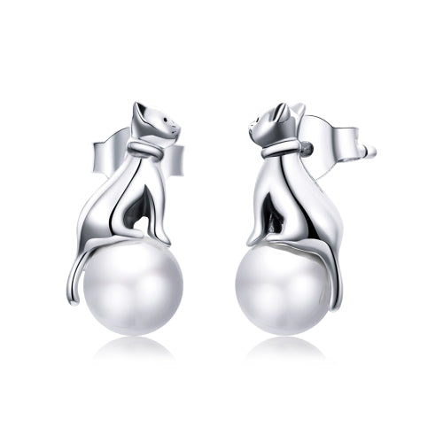 S925 Sterling Silver Cat Pearl Women Earrings