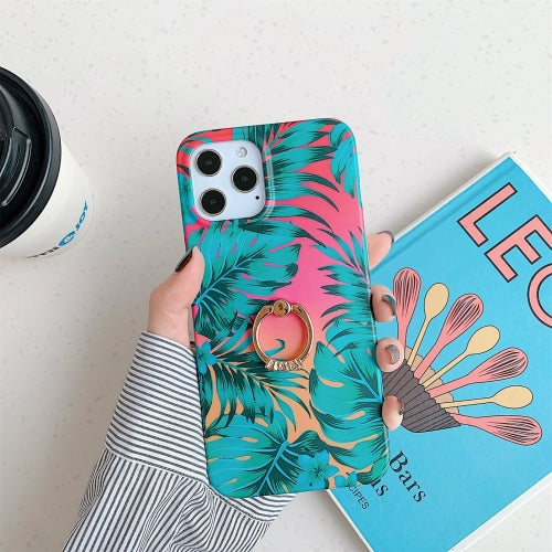 Shockproof IMD TPU Protective Case with Ring Holder For iPhone 11(Red Background Leaves)