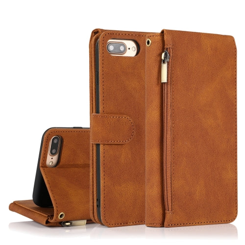 Skin-feel Crazy Horse Texture Zipper Wallet Bag Horizontal Flip Leather Case with Holder & Card Slots & Wallet & Lanyard For iPhone 6 Plus(Brown)
