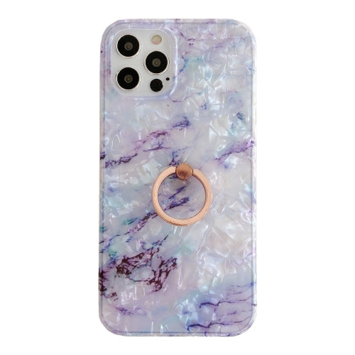 Shell Texture Marble with Ring Metal Rhinestone Bracket Mobile Phone Protective Case For iPhone 11 Pro Max(Purple)