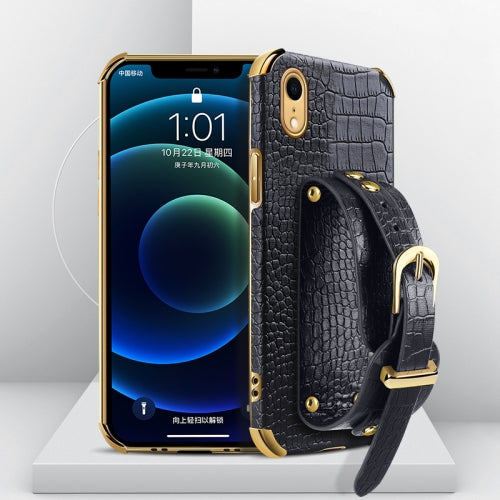 Electroplated TPU Crocodile Pattern Leather Case with Wrist Strap For iPhone XR(Black)