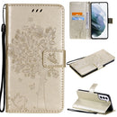 For Samsung Galaxy S21+ 5G Tree & Cat Pattern Pressed Printing Horizontal Flip PU Leather Case with Holder & Card Slots & Wallet & Lanyard(Gold)
