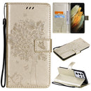 For Samsung Galaxy S21 Ultra 5G Tree & Cat Pattern Pressed Printing Horizontal Flip PU Leather Case with Holder & Card Slots & Wallet & Lanyard(Gold)