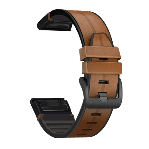 For Garmin Fenix 6 Silicone + Leather Quick Release Replacement Strap Watchband(Brown)