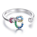 S925 Sterling Silver 26 English Letters Colorful Zircon Women Open Ring, Style:C