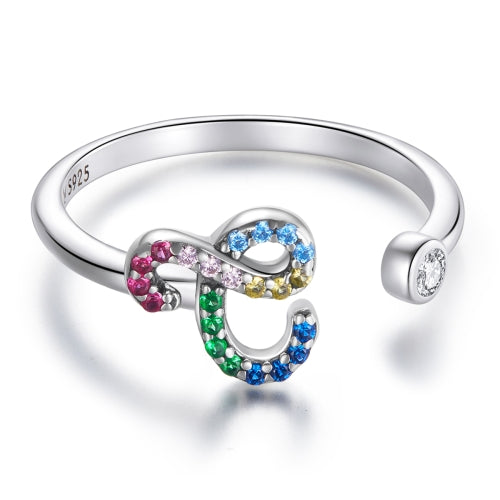 S925 Sterling Silver 26 English Letters Colorful Zircon Women Open Ring, Style:C