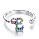 S925 Sterling Silver 26 English Letters Colorful Zircon Women Open Ring, Style:E