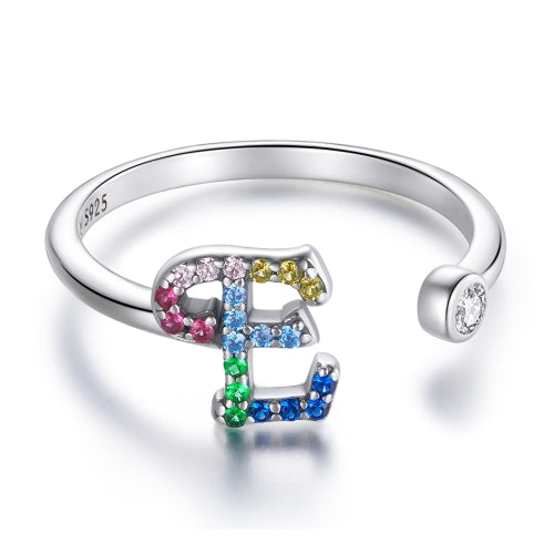 S925 Sterling Silver 26 English Letters Colorful Zircon Women Open Ring, Style:E