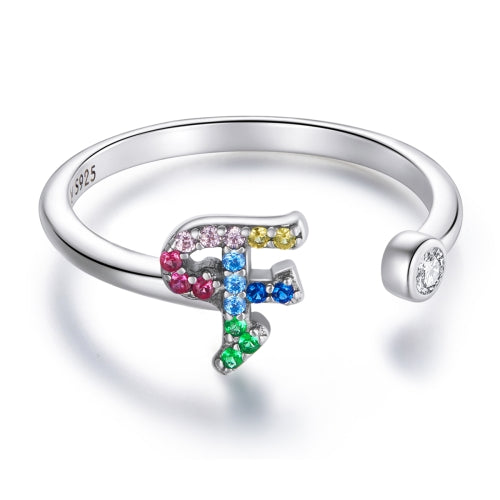 S925 Sterling Silver 26 English Letters Colorful Zircon Women Open Ring, Style:F