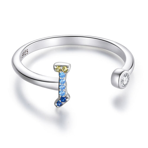 S925 Sterling Silver 26 English Letters Colorful Zircon Women Open Ring, Style:I