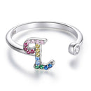 S925 Sterling Silver 26 English Letters Colorful Zircon Women Open Ring, Style:L
