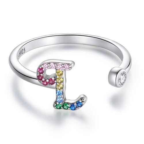 S925 Sterling Silver 26 English Letters Colorful Zircon Women Open Ring, Style:L