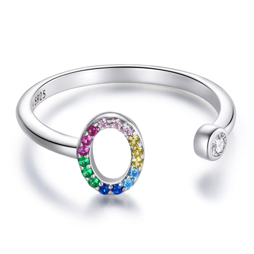 S925 Sterling Silver 26 English Letters Colorful Zircon Women Open Ring, Style:O