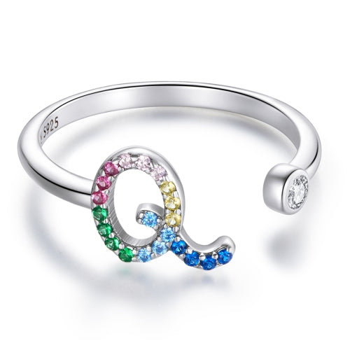 S925 Sterling Silver 26 English Letters Colorful Zircon Women Open Ring, Style:Q