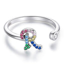 S925 Sterling Silver 26 English Letters Colorful Zircon Women Open Ring, Style:R