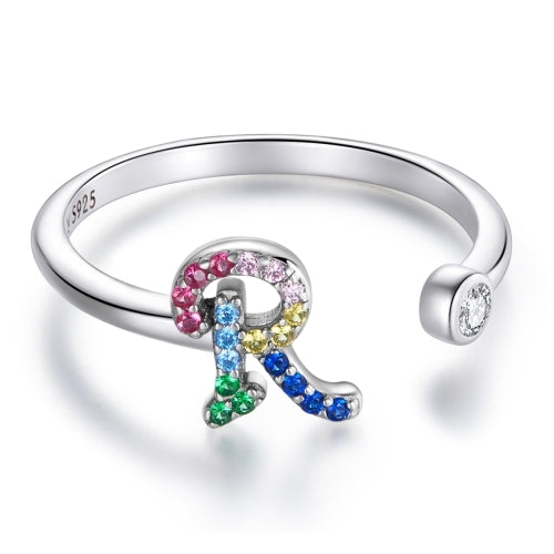 S925 Sterling Silver 26 English Letters Colorful Zircon Women Open Ring, Style:R