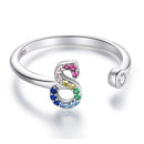 S925 Sterling Silver 26 English Letters Colorful Zircon Women Open Ring, Style:S