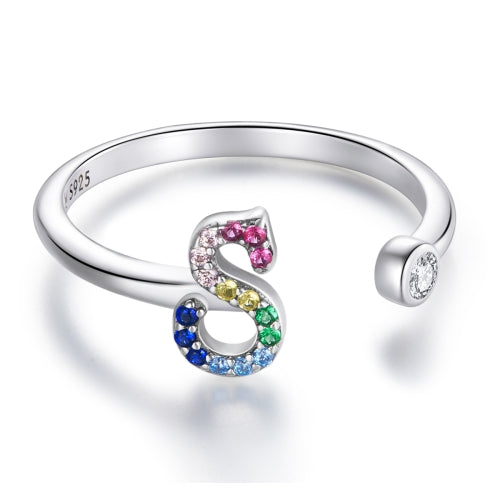 S925 Sterling Silver 26 English Letters Colorful Zircon Women Open Ring, Style:S