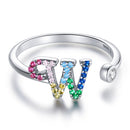 S925 Sterling Silver 26 English Letters Colorful Zircon Women Open Ring, Style:W