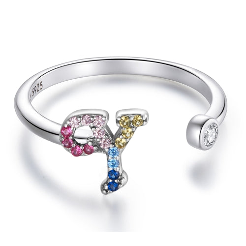 S925 Sterling Silver 26 English Letters Colorful Zircon Women Open Ring, Style:Y
