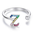 S925 Sterling Silver 26 English Letters Colorful Zircon Women Open Ring, Style:Z