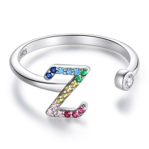 S925 Sterling Silver 26 English Letters Colorful Zircon Women Open Ring, Style:Z