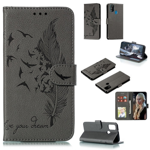 For Galaxy M30s Feather Pattern Litchi Texture Horizontal Flip Leather Case with Holder & Wallet & Card Slots(Gray)